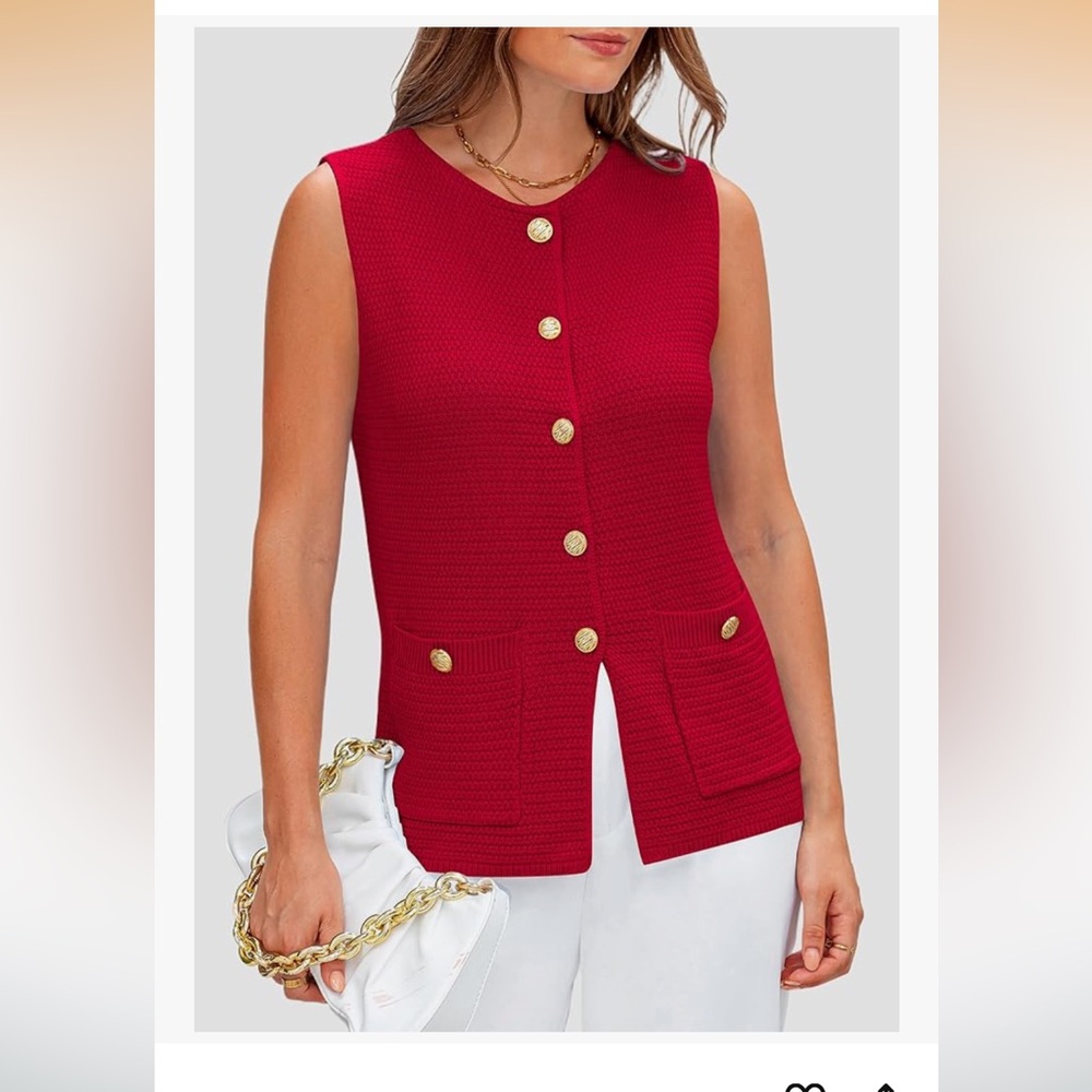 Sleeveless Red Knit Button Front Top with Gold Buttons